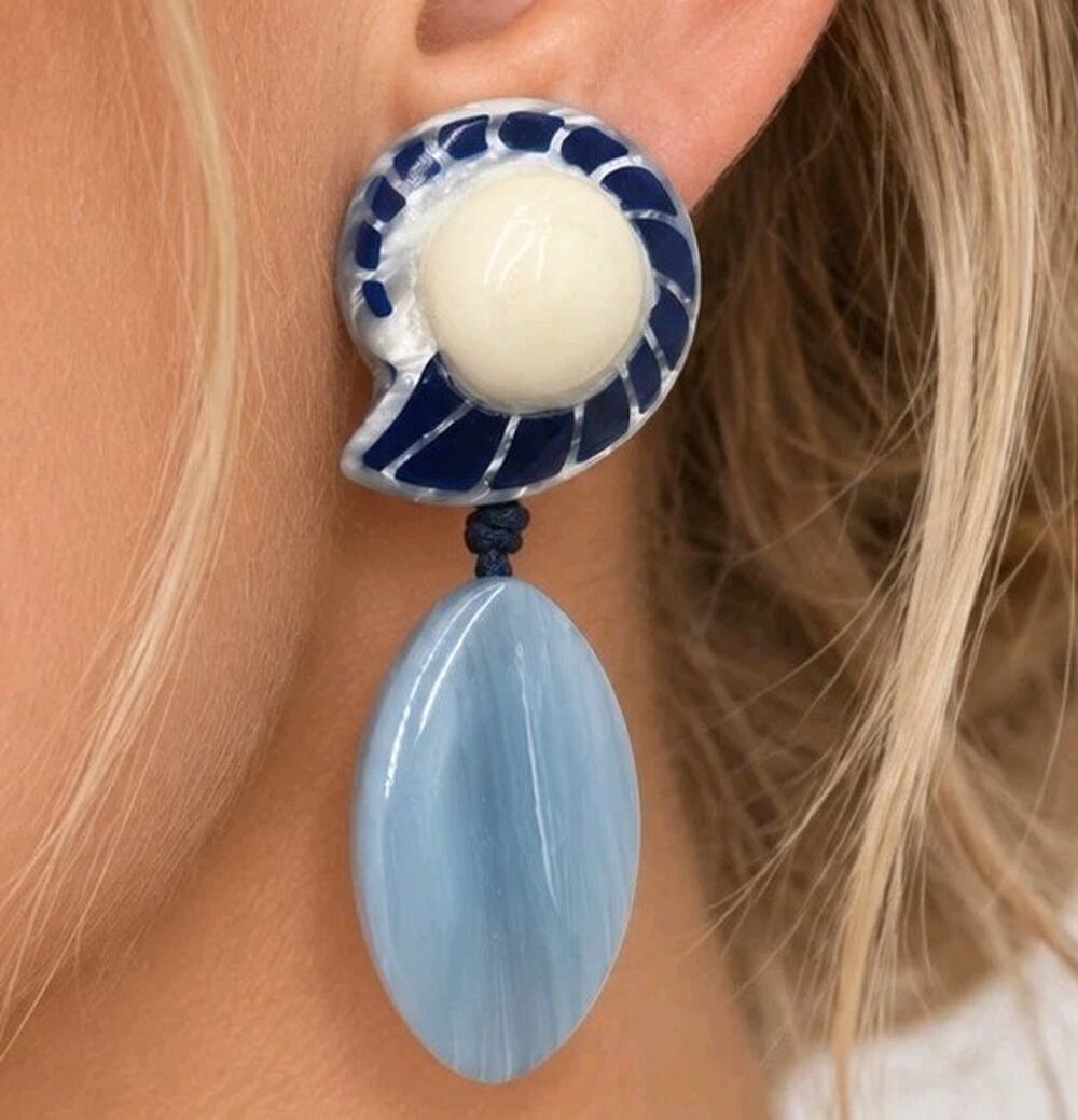 Vintage Blue White Lucite Clip On Dangle Earrings Nautilus Shell Statement Retro